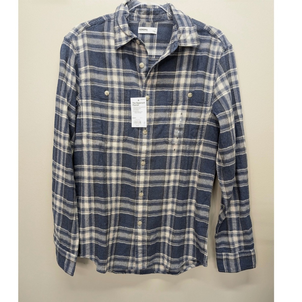 Sonoma Goods For Life Mens Blue White Plaid Supersoft Flannel Shirt Small NWT